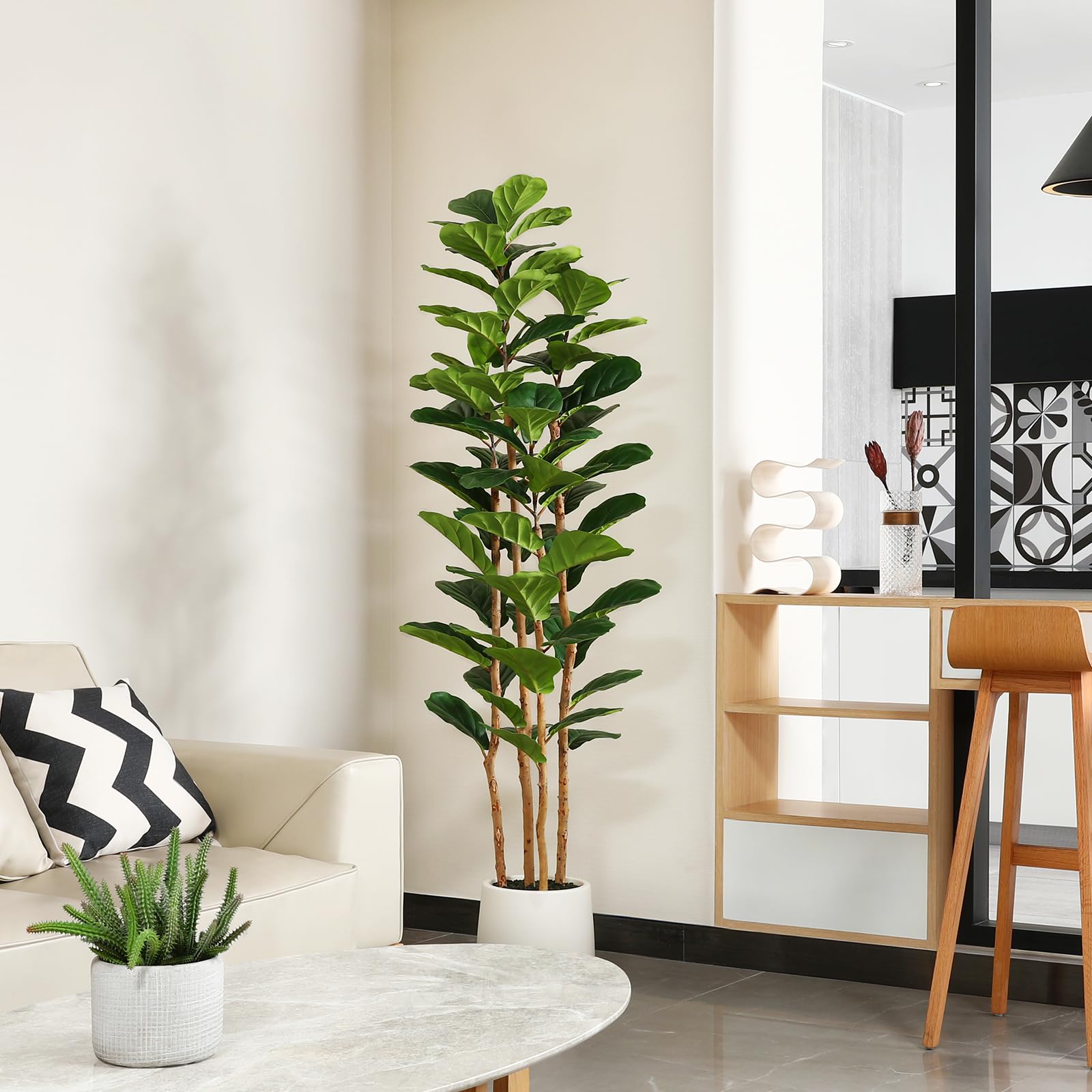 Fiddle Leaf Fig - Искусственное дерево фикуса с белым горшком,